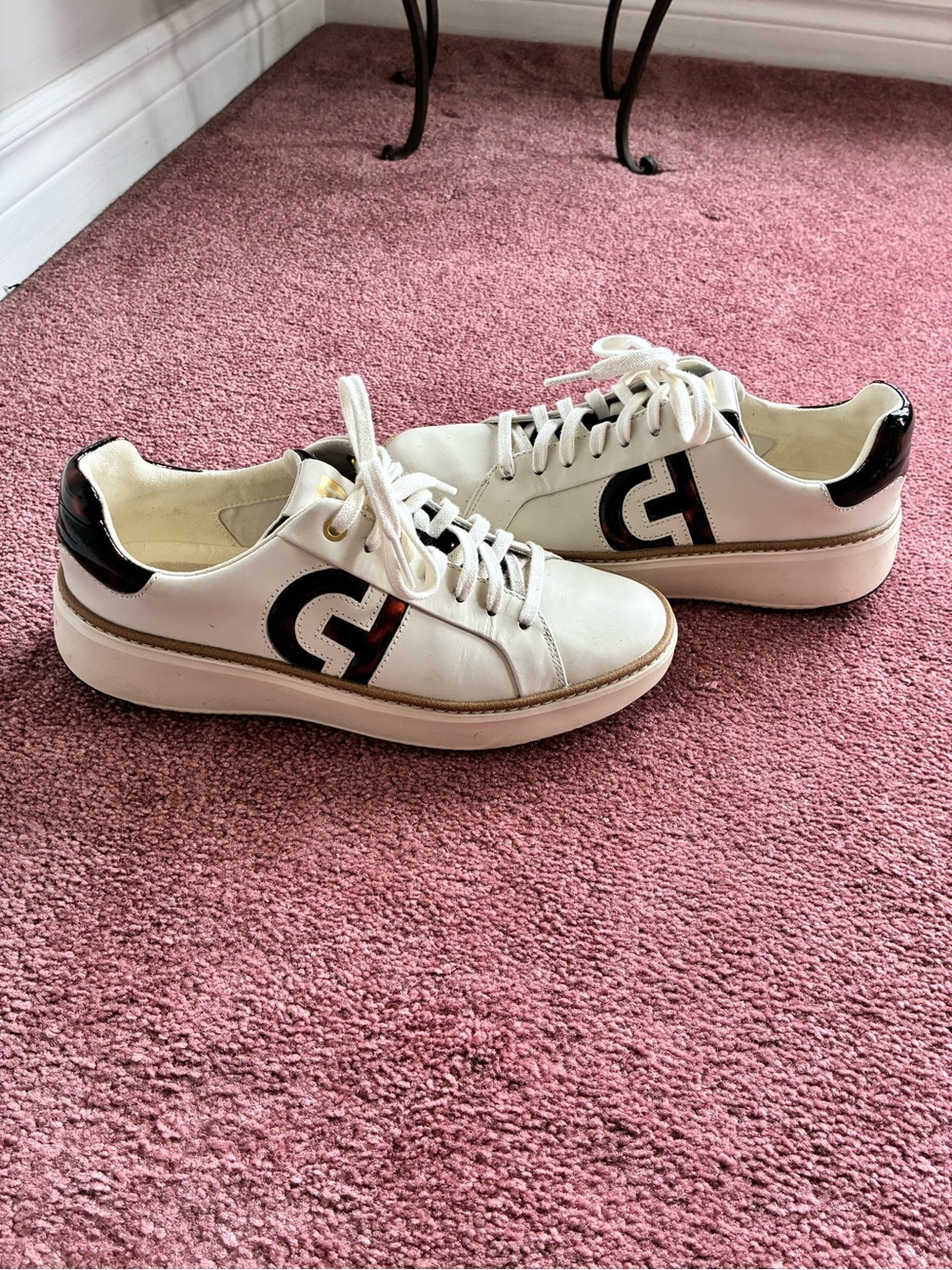 White Leather Cole Haan casual sneakers with Tortoise Logo Accent